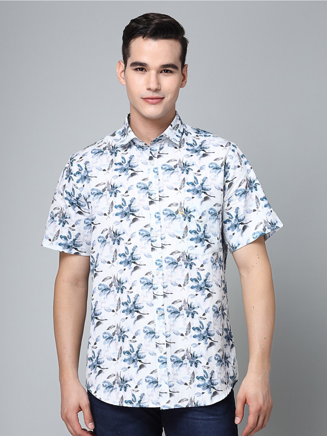 

VALBONE Comfort Floral Printed Cotton Casual Shirt, White