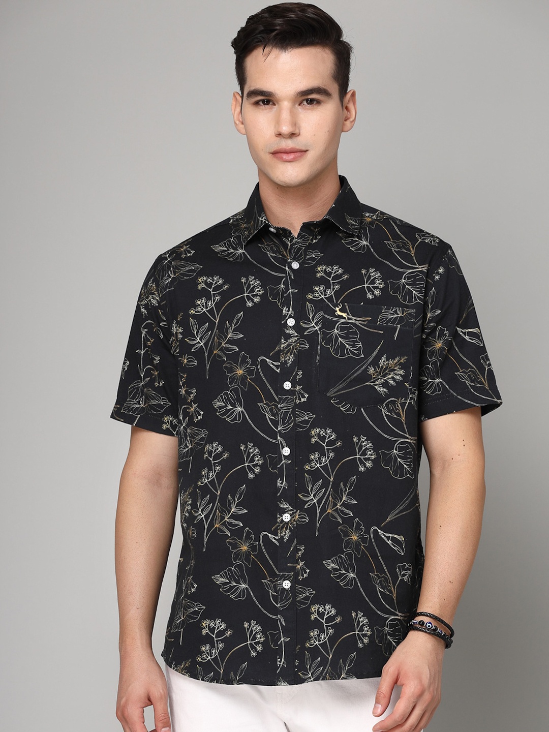 

VALBONE Comfort Floral Opaque Printed Cotton Casual Shirt, Black