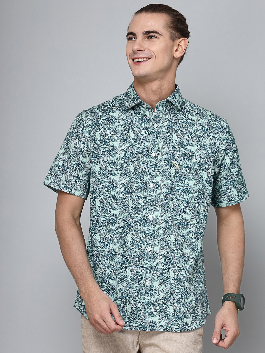 

VALBONE Comfort Floral Printed Cotton Casual Shirt, Green