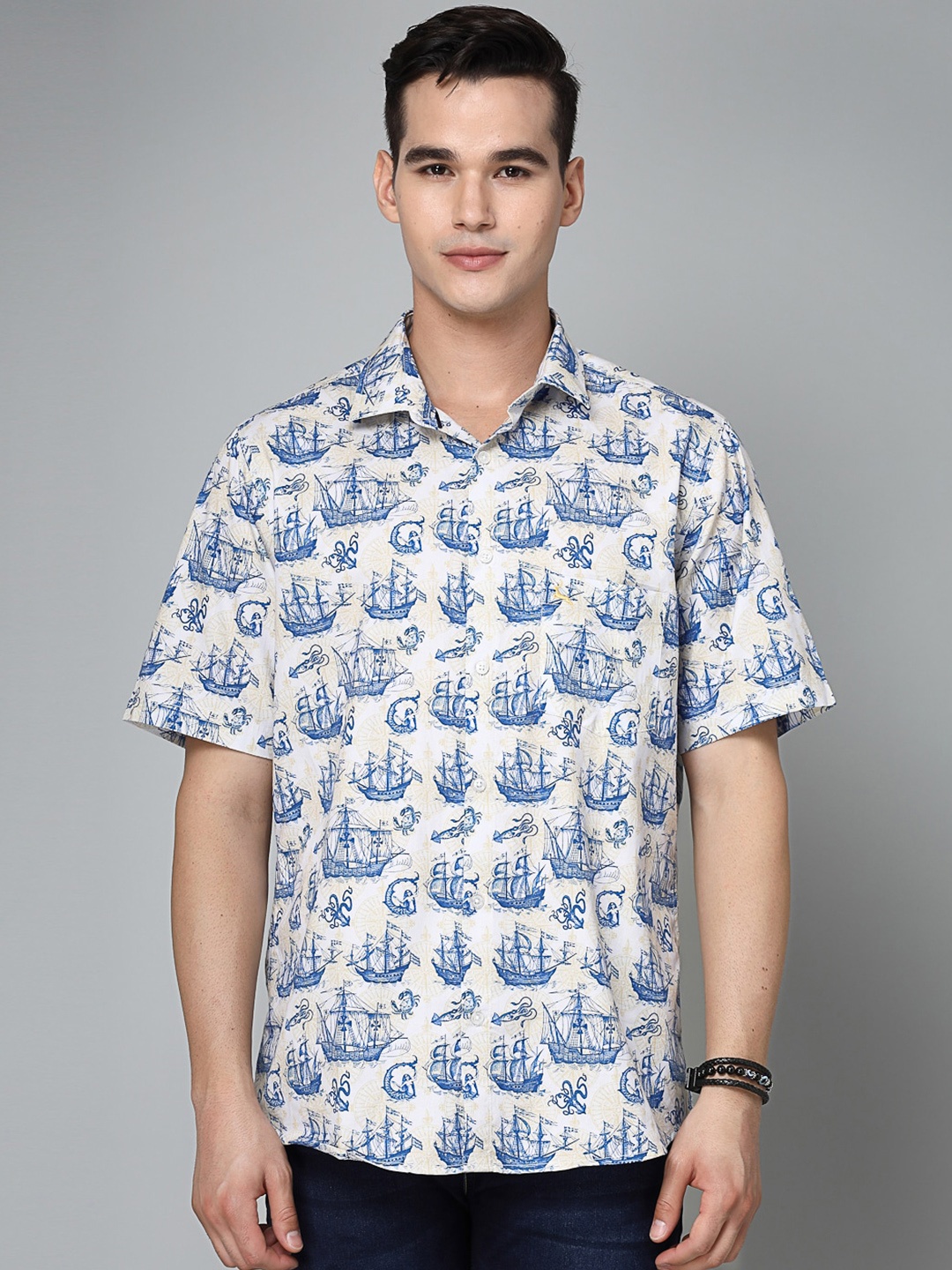 

VALBONE Comfort Floral Opaque Printed Cotton Casual Shirt, White