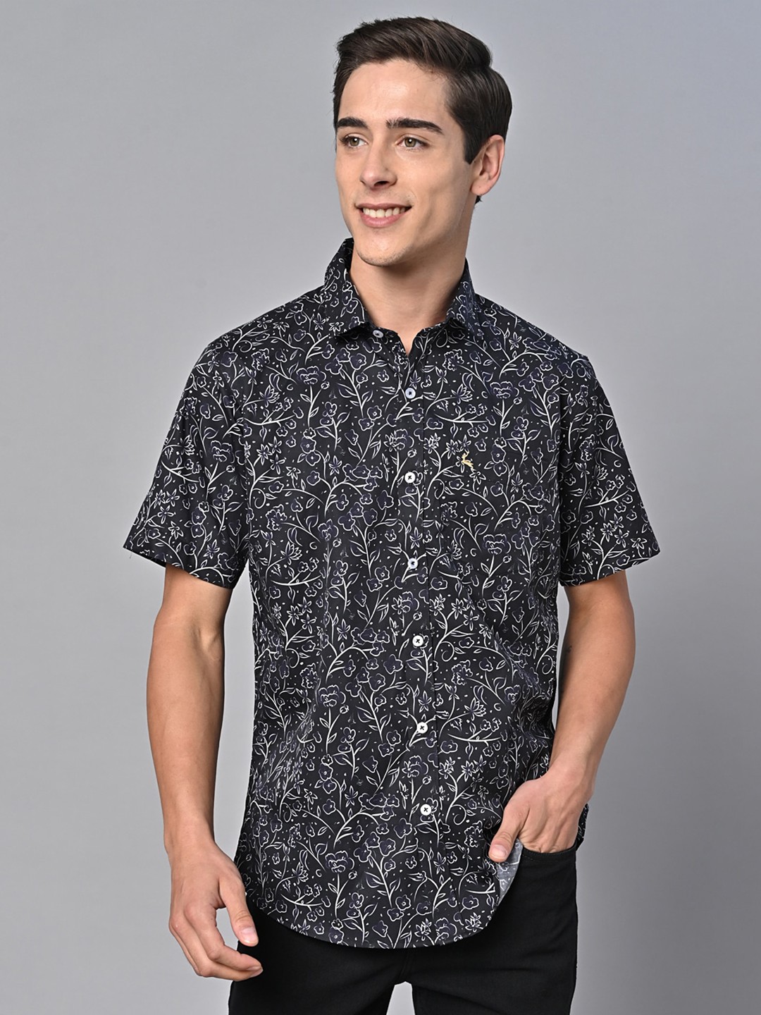 

VALBONE Comfort Floral Opaque Printed Semiformal Cotton Shirt, Grey