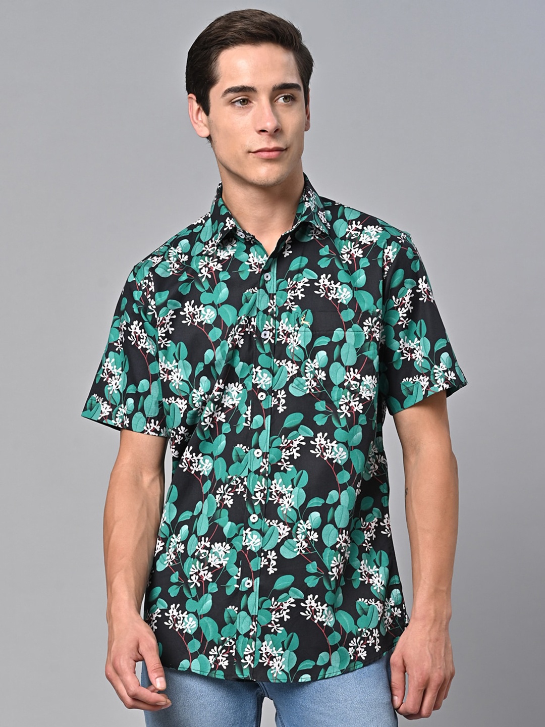 

VALBONE Comfort Floral Opaque Printed Cotton Casual Shirt, Black