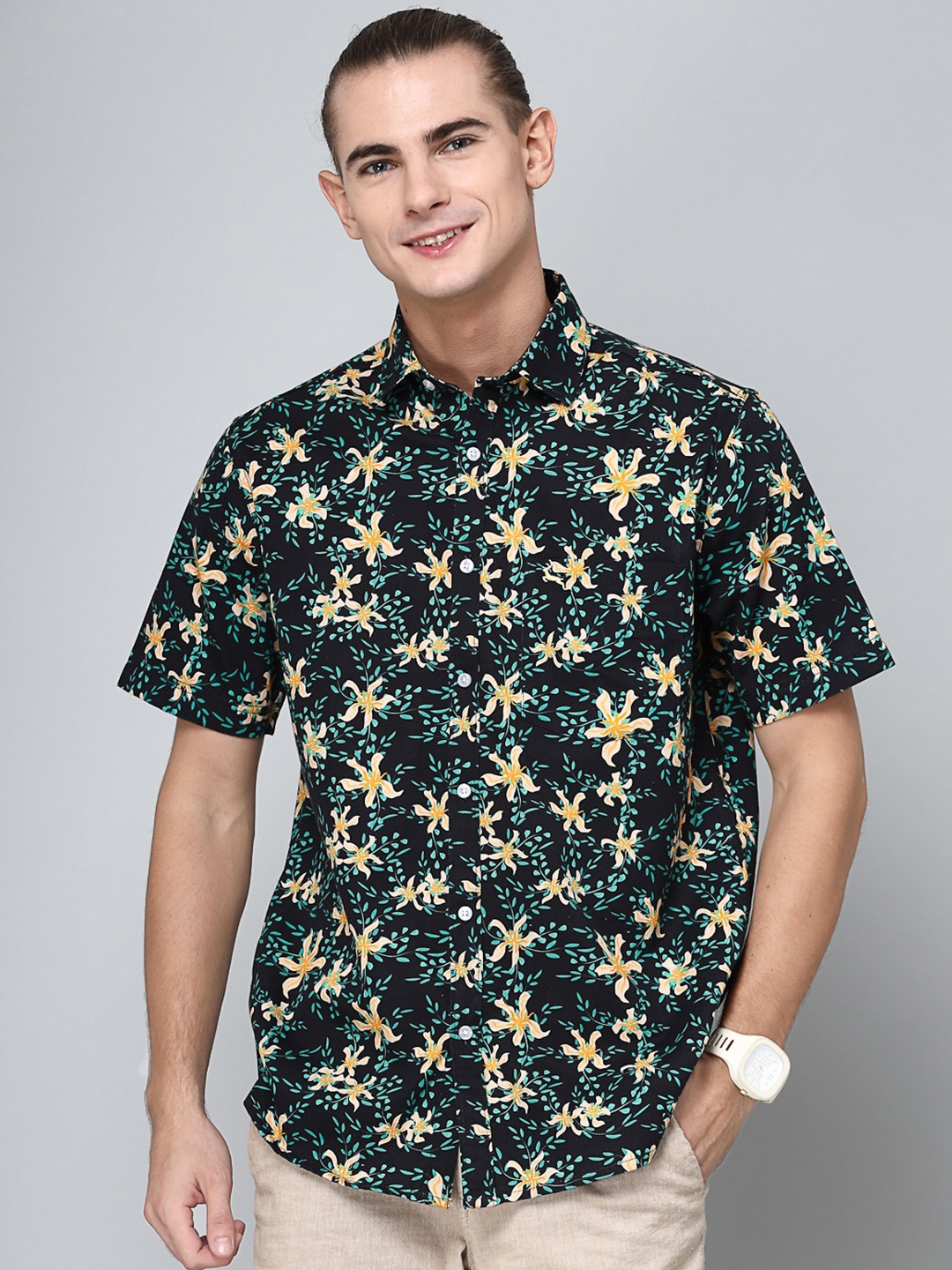 

VALBONE Comfort Floral Opaque Printed Cotton Casual Shirt, Black