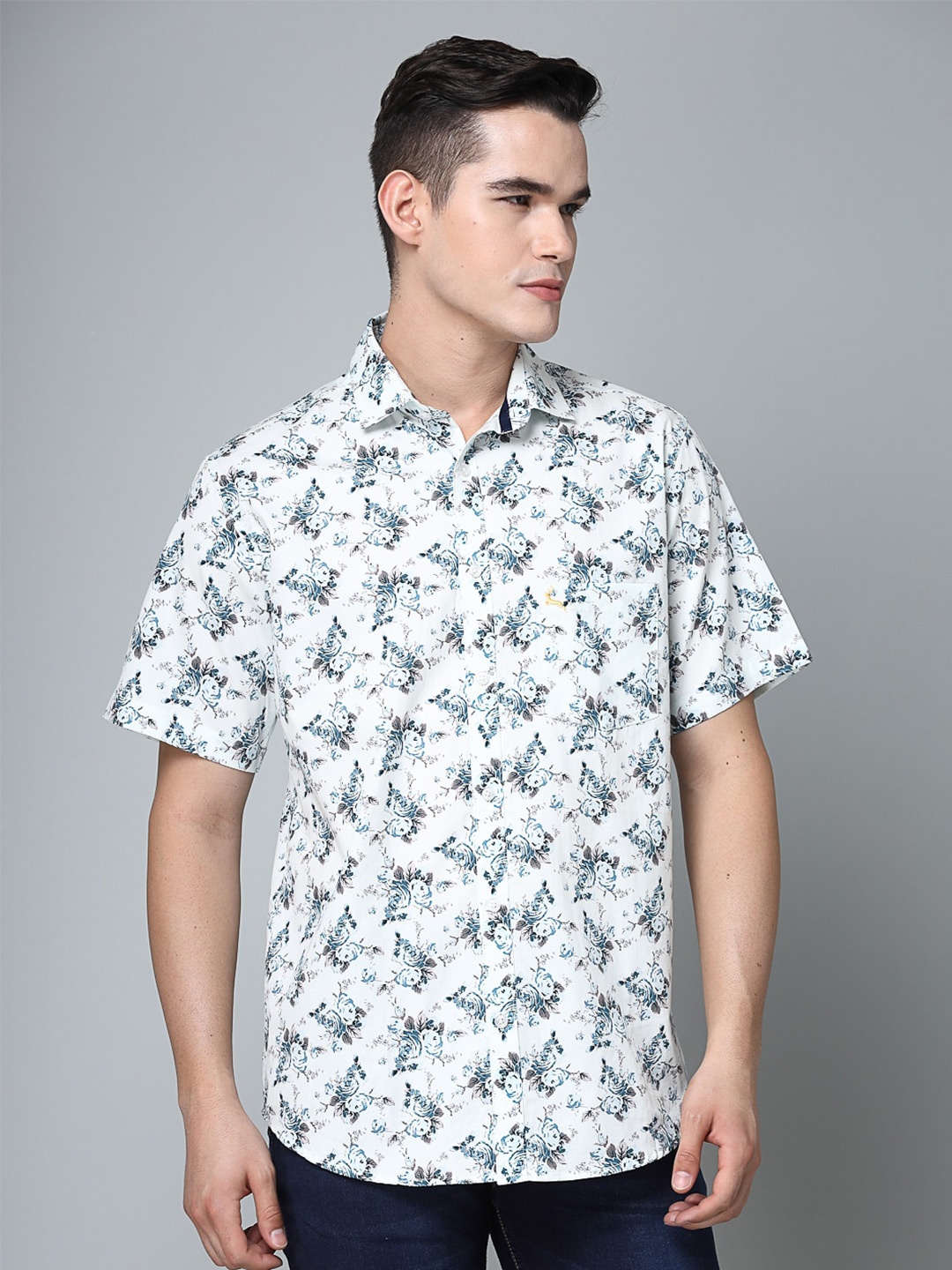 

VALBONE Comfort Floral Opaque Printed Cotton Casual Shirt, White