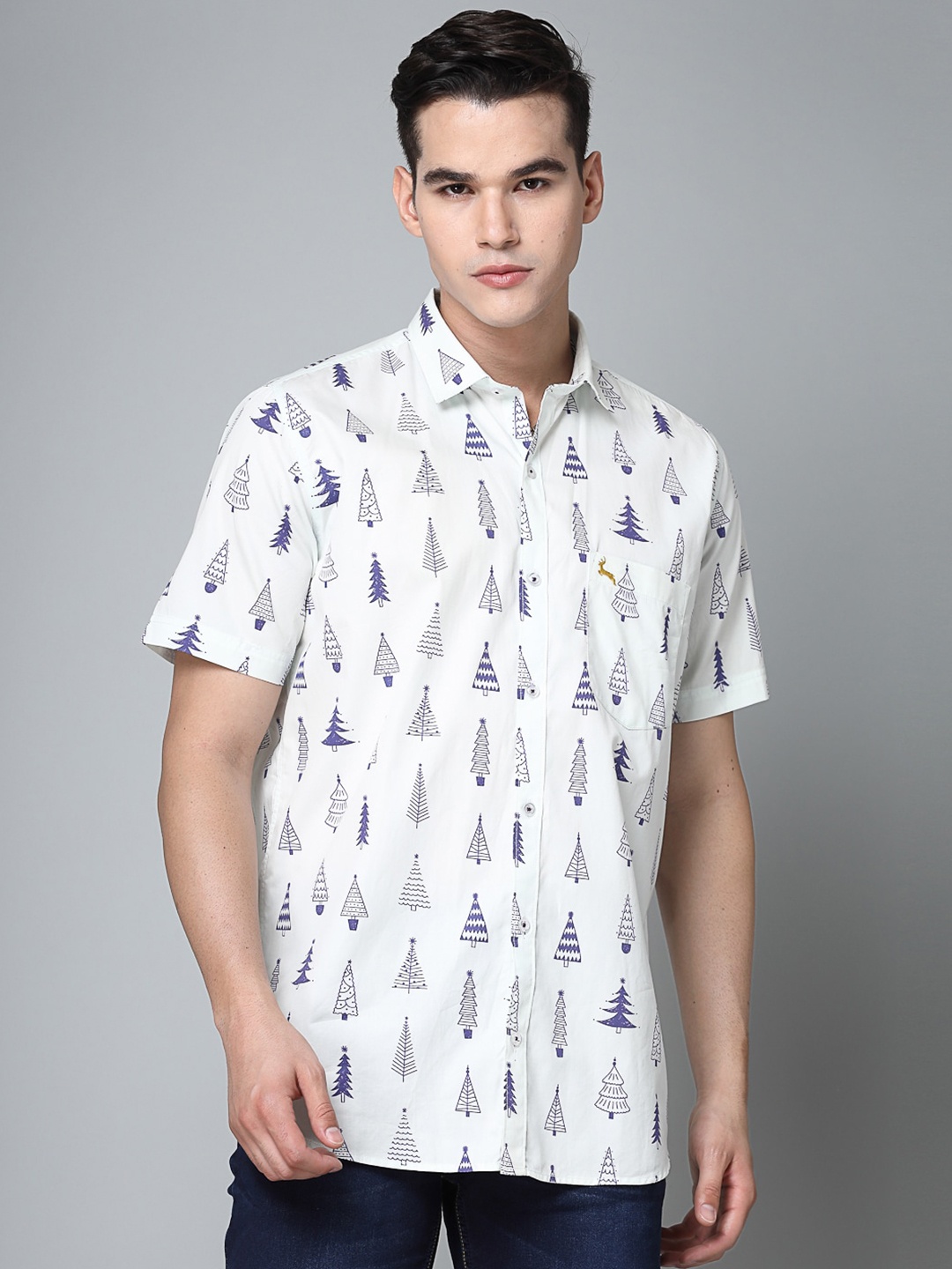 

VALBONE Men Printed Comfort Cotton Casual Shirt, White