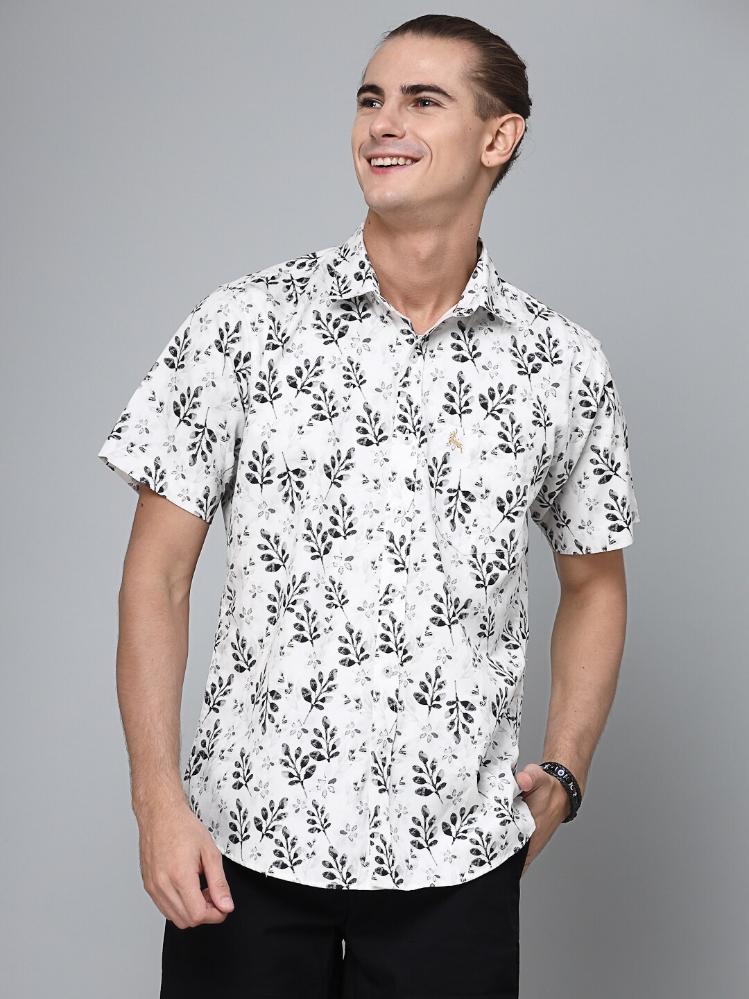 

VALBONE Comfort Floral Printed Cotton Casual Shirt, White