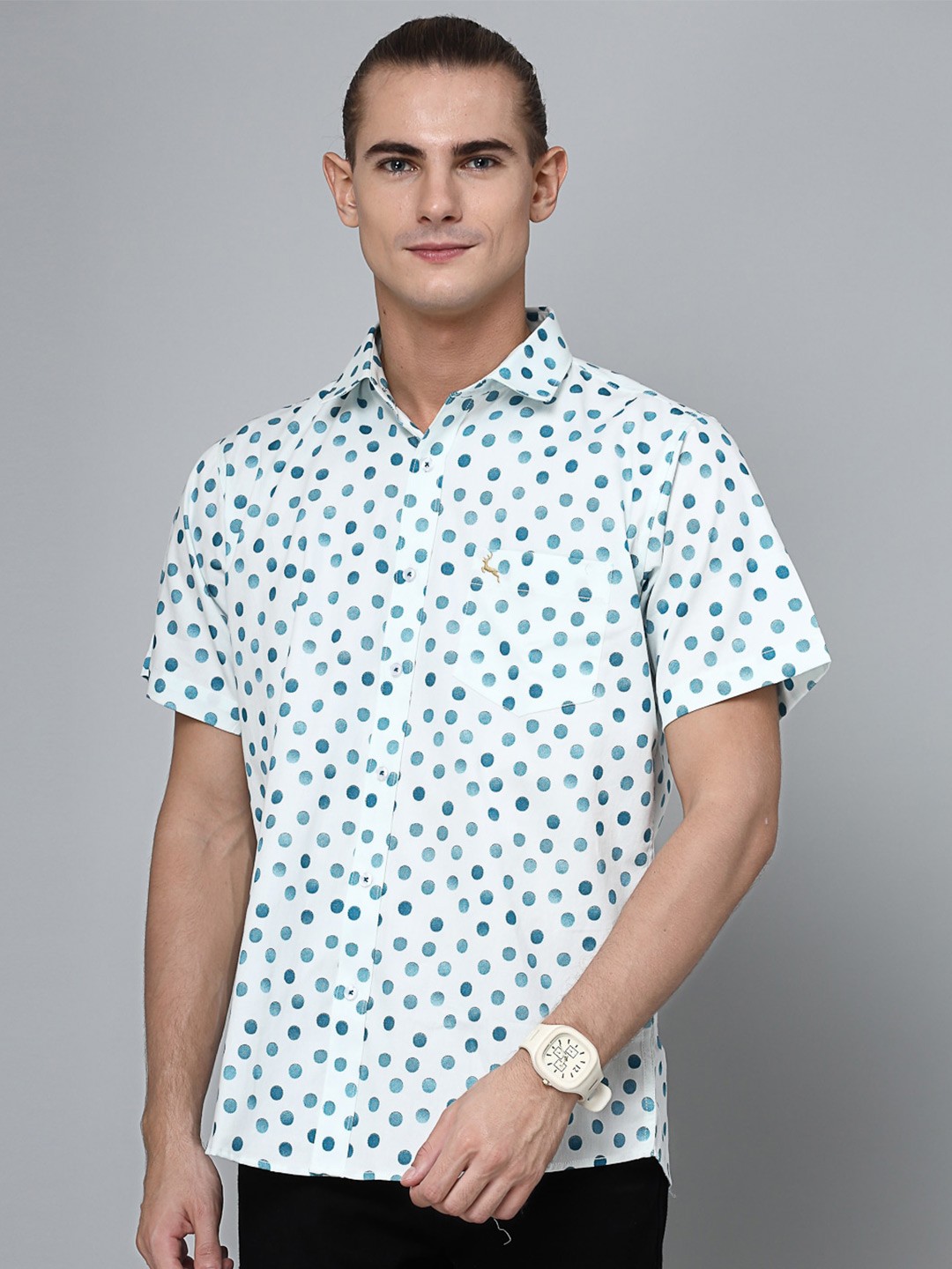 

VALBONE Comfort Polka Dot Printed Cotton Casual Shirt, Teal