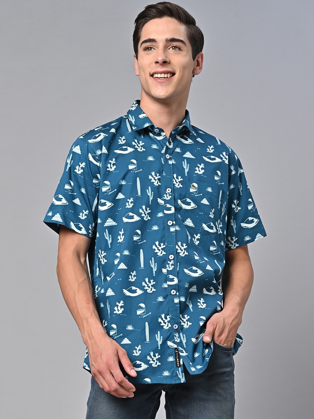

VALBONE Comfort Opaque Printed Semiformal Cotton Shirt, Blue