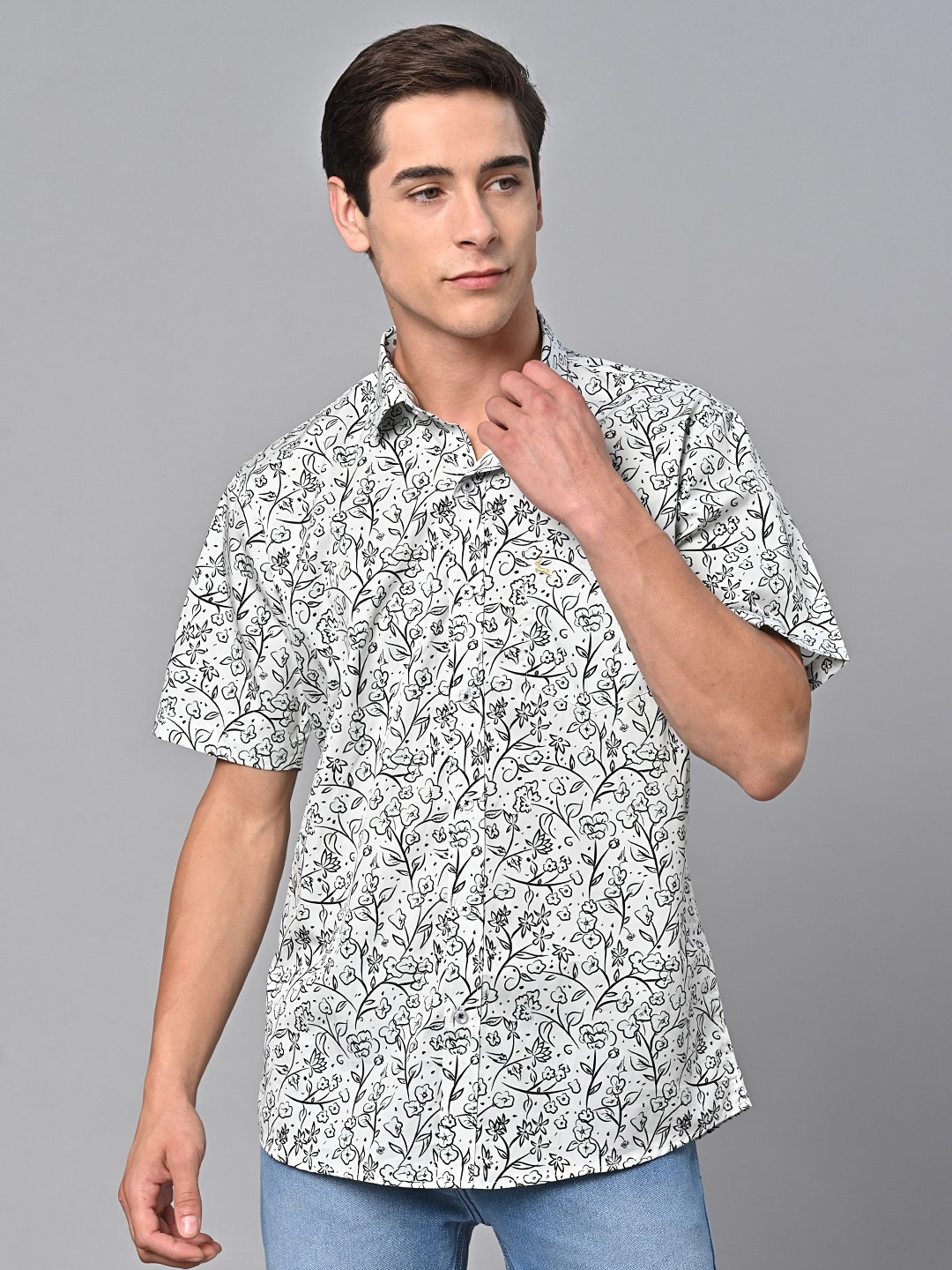 

VALBONE Comfort Floral Opaque Printed Cotton Casual Shirt, White