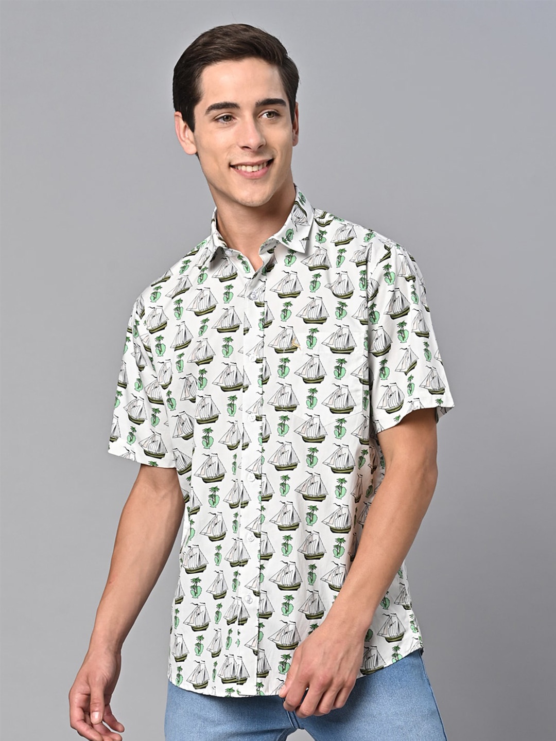 

VALBONE Men White Comfort Printed Semiformal Cotton Shirt