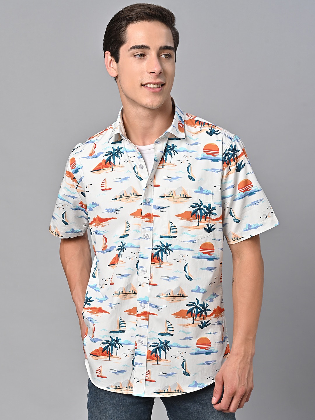 

VALBONE Comfort Tropical Printed Cotton Casual Shirt, White