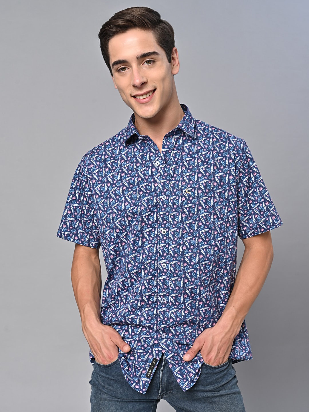 

VALBONE Comfort Tropical Printed Cotton Casual Shirt, Navy blue