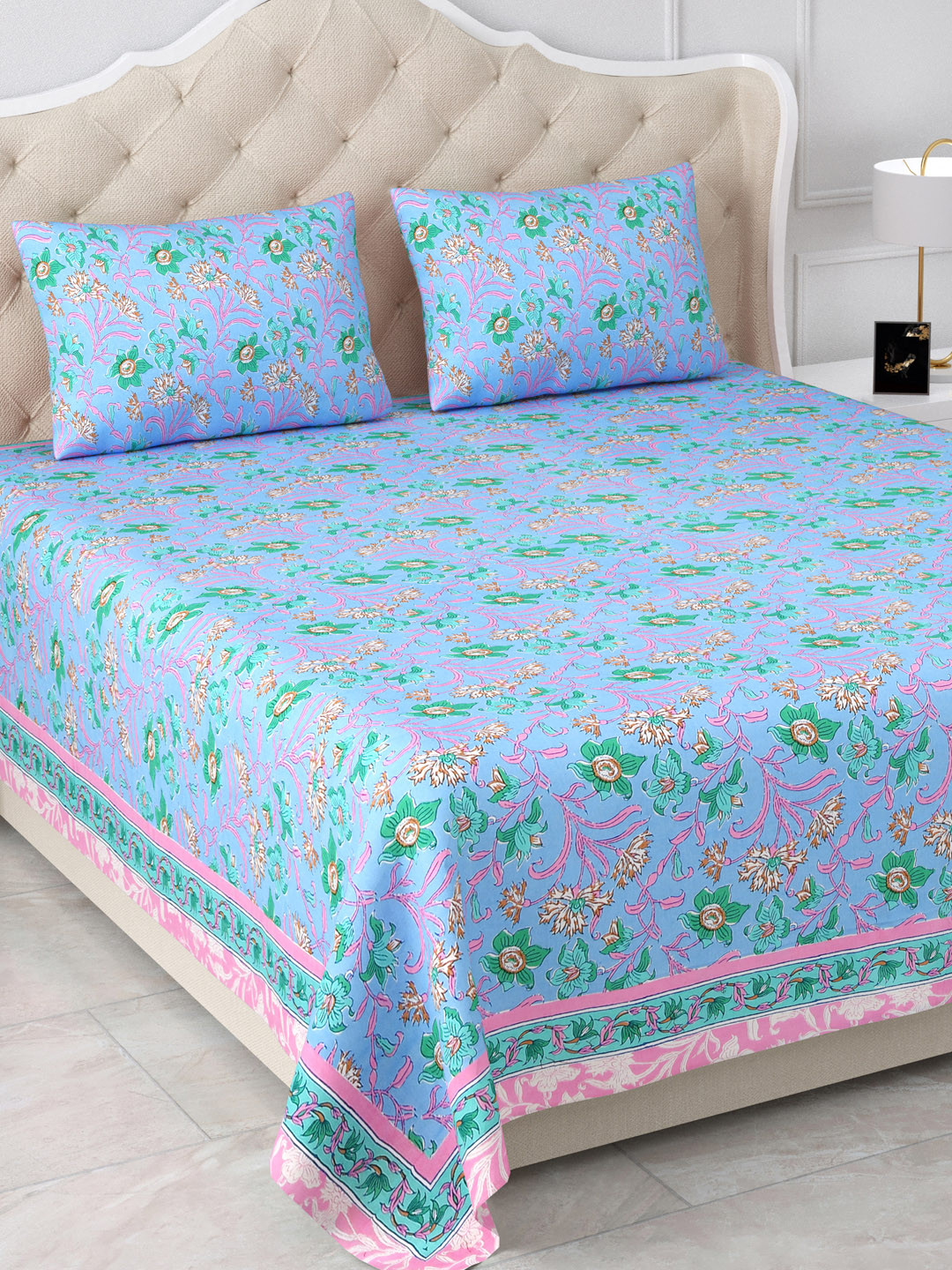 

Aapno Rajasthan Blue & Green Printed 120 TC Cotton King Bedsheet & 2 Pillow Covers