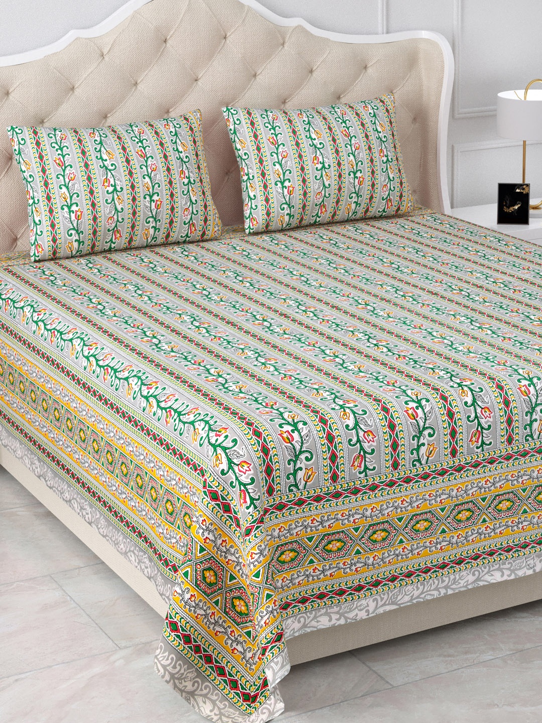 

Aapno Rajasthan Grey & Green Printed 120 TC Cotton King Bedsheet & 2 Pillow Covers