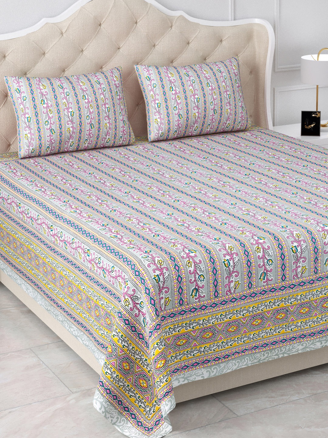 

Aapno Rajasthan Pink & Grey Striped 120 TC Cotton King Bedsheet & 2 Pillow Covers