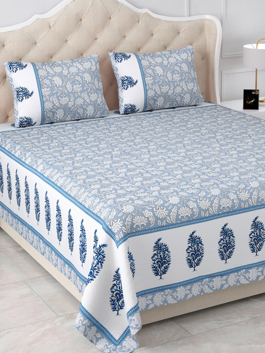 

Aapno Rajasthan Blue & White Printed 120 TC Cotton King Bedsheet & 2 Pillow Covers