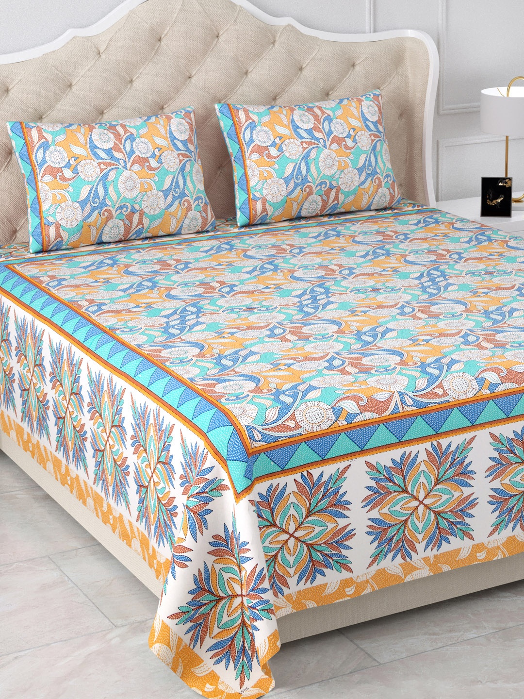 

Aapno Rajasthan Blue & Yellow Printed 120 TC Cotton King Bedsheet & 2 Pillow Covers