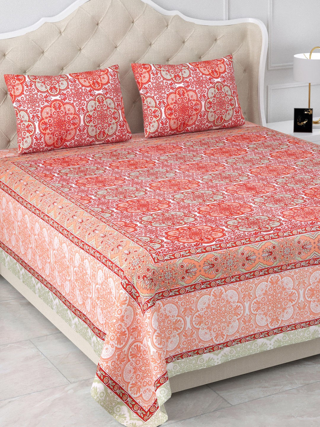 

Aapno Rajasthan Jaipuri Orange Floral 120 TC Cotton King Bedsheet & 2 Pillow Covers
