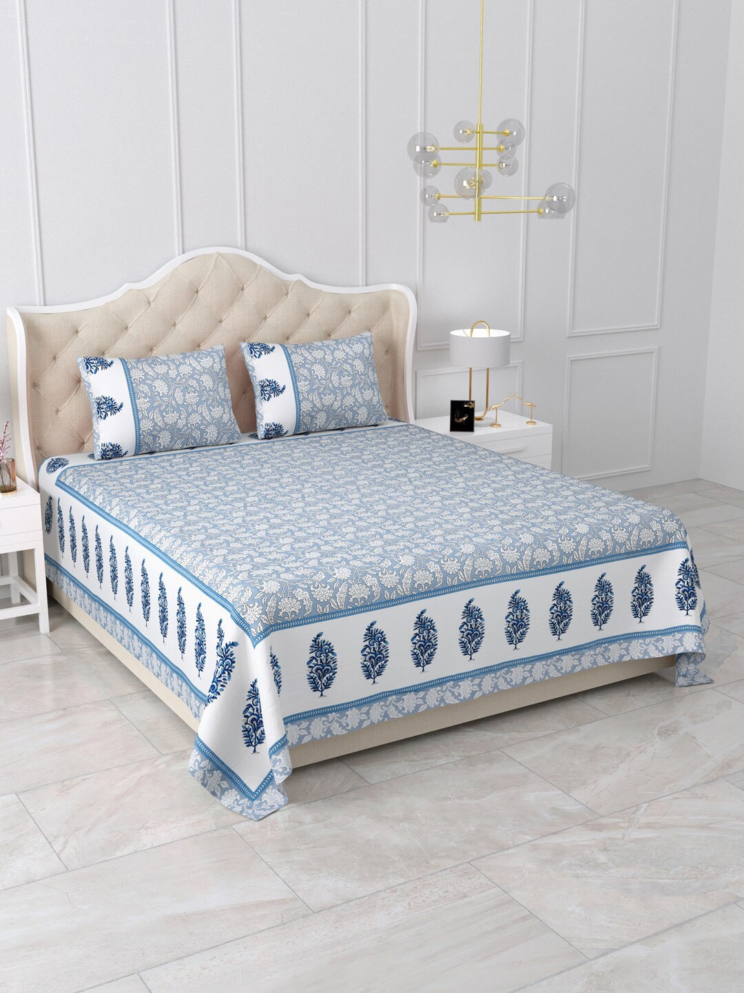 

Aapno Rajasthan Jaipuri Blue & White Floral 120 TC Cotton King Bedsheet & 2 Pillow Covers