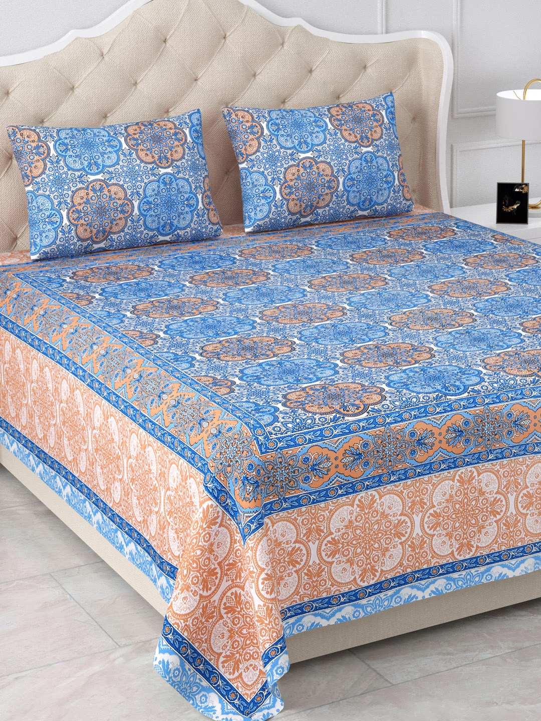 

Aapno Rajasthan Jaipuri Blue Floral 120 TC Cotton King Bedsheet & 2 Pillow Covers