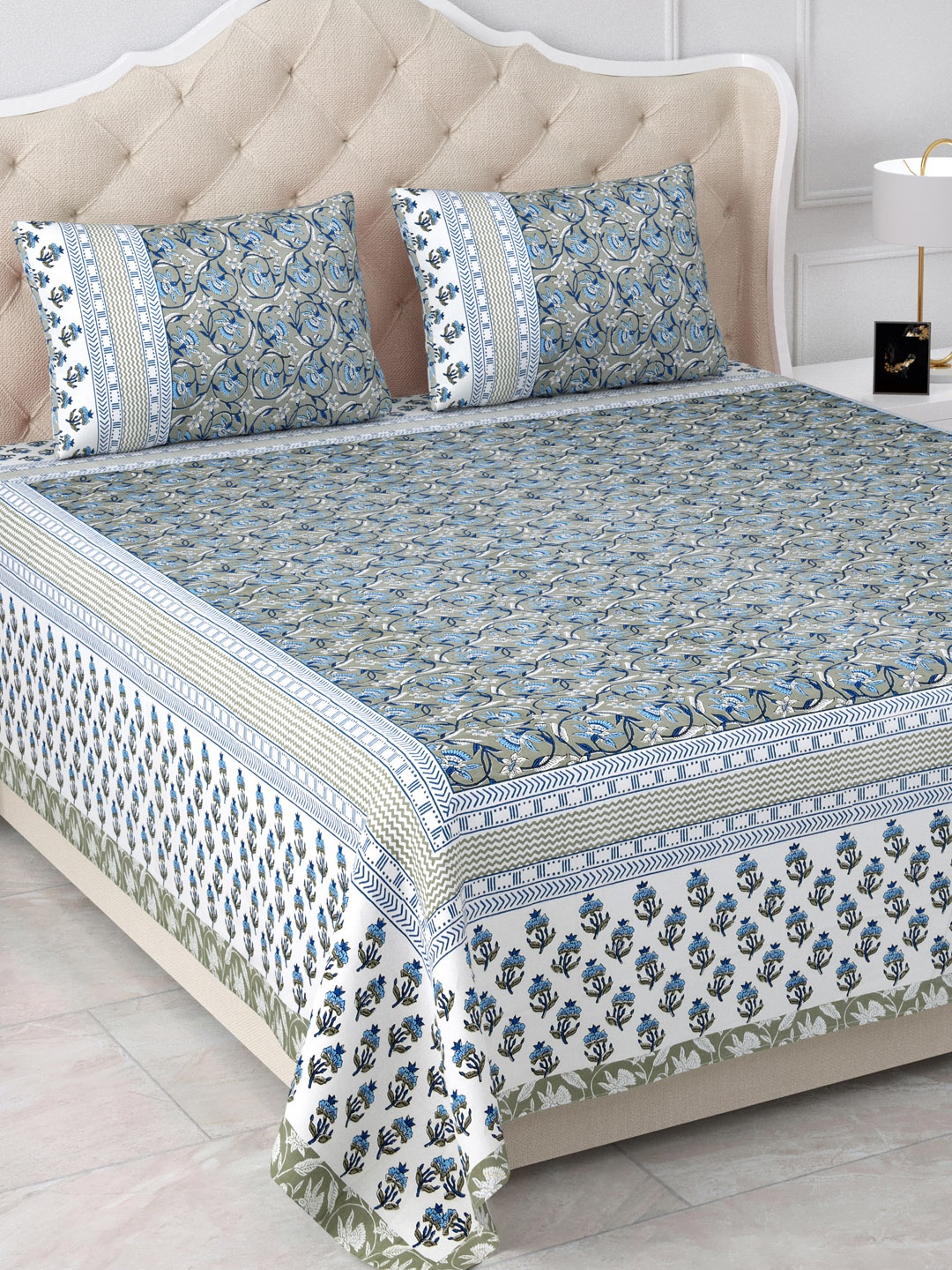 

Aapno Rajasthan Jaipuri Grey & Blue Floral 120 TC Cotton King Bedsheet & 2 Pillow Covers