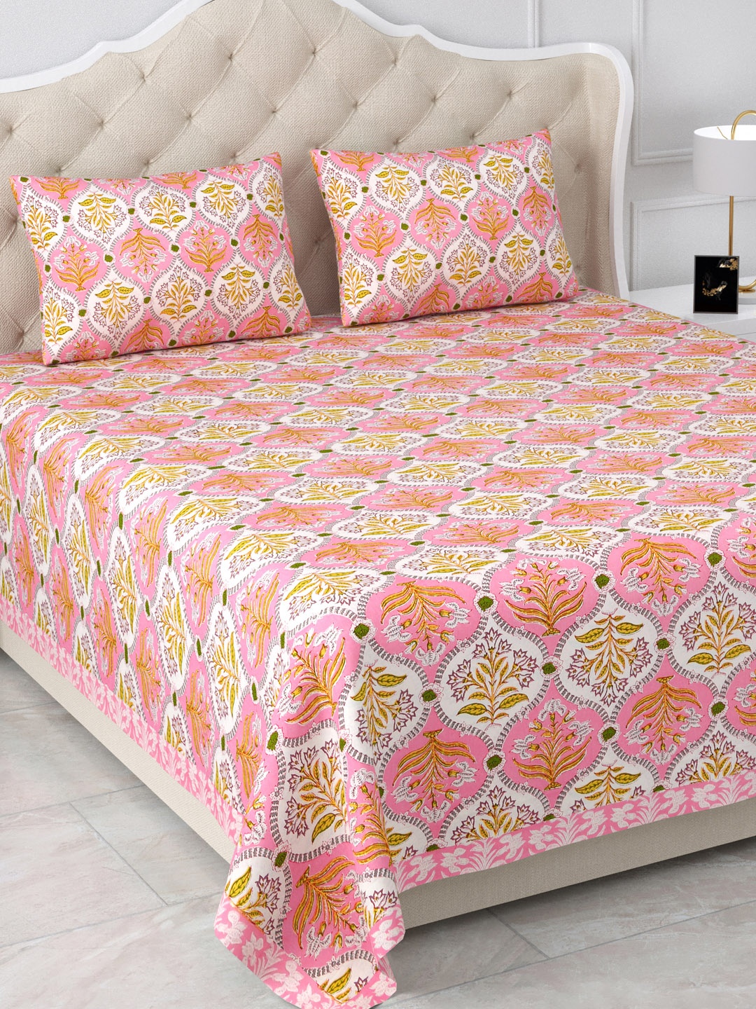 

Aapno Rajasthan Jaipuri Pink & Yellow Floral 120 TC Cotton King Bedsheet & 2 Pillow Covers