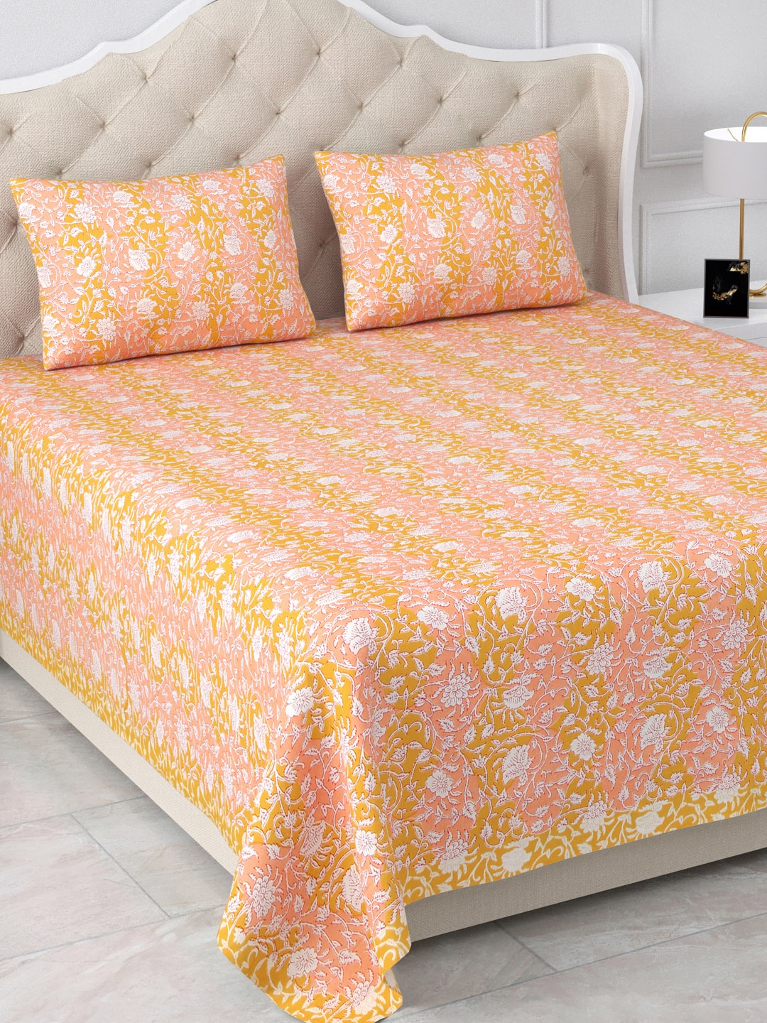 

Aapno Rajasthan Jaipuri Yellow Floral 120 TC Cotton King Bedsheet & 2 Pillow Covers