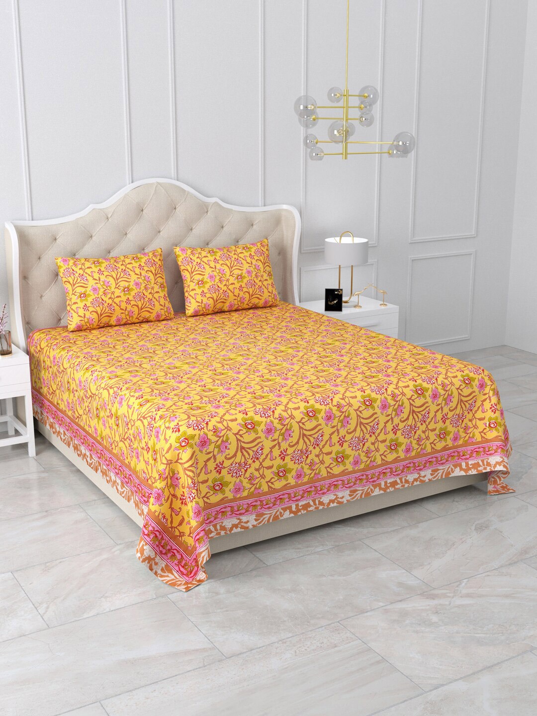 

Aapno Rajasthan Yellow & Pink Floral 120 TC King Bedsheet with 2 Pillow Covers