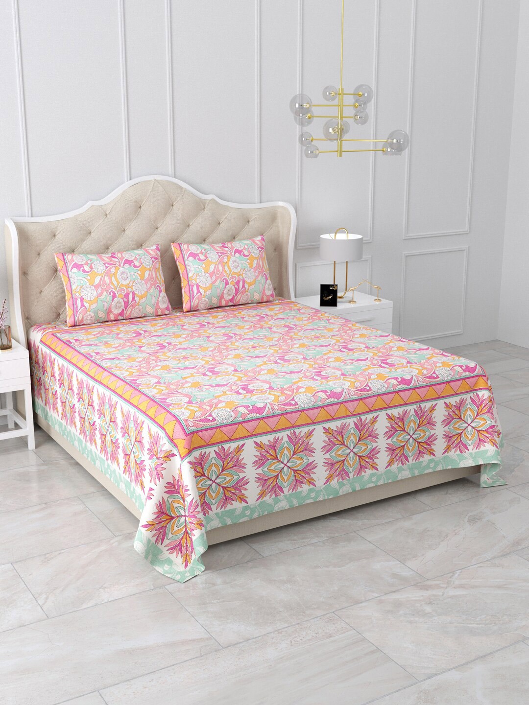 

Aapno Rajasthan Jaipuri Pink & Green Floral 120 TC Cotton King Bedsheet & 2 Pillow Covers