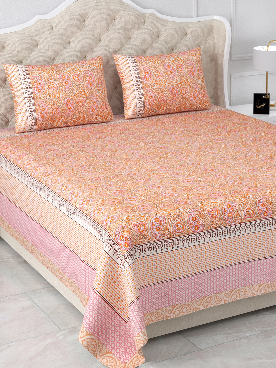 

Aapno Rajasthan Jaipuri Orange & Pink Floral 120 TC Cotton King Bedsheet & 2 Pillow Covers