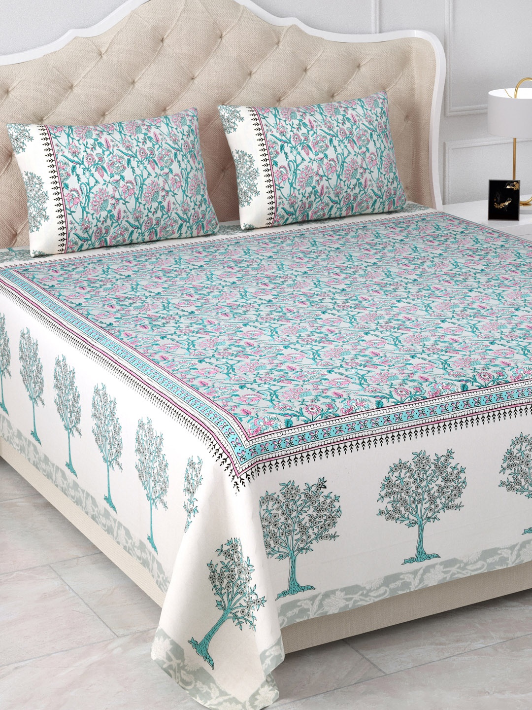 

Aapno Rajasthan Grey & Blue Printed 120 TC Cotton King Bedsheet & 2 Pillow Covers