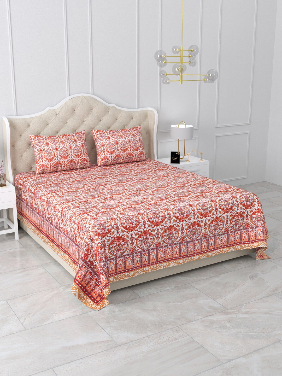 

Aapno Rajasthan Rust & White Floral 120 TC King Bedsheet with 2 Pillow Covers