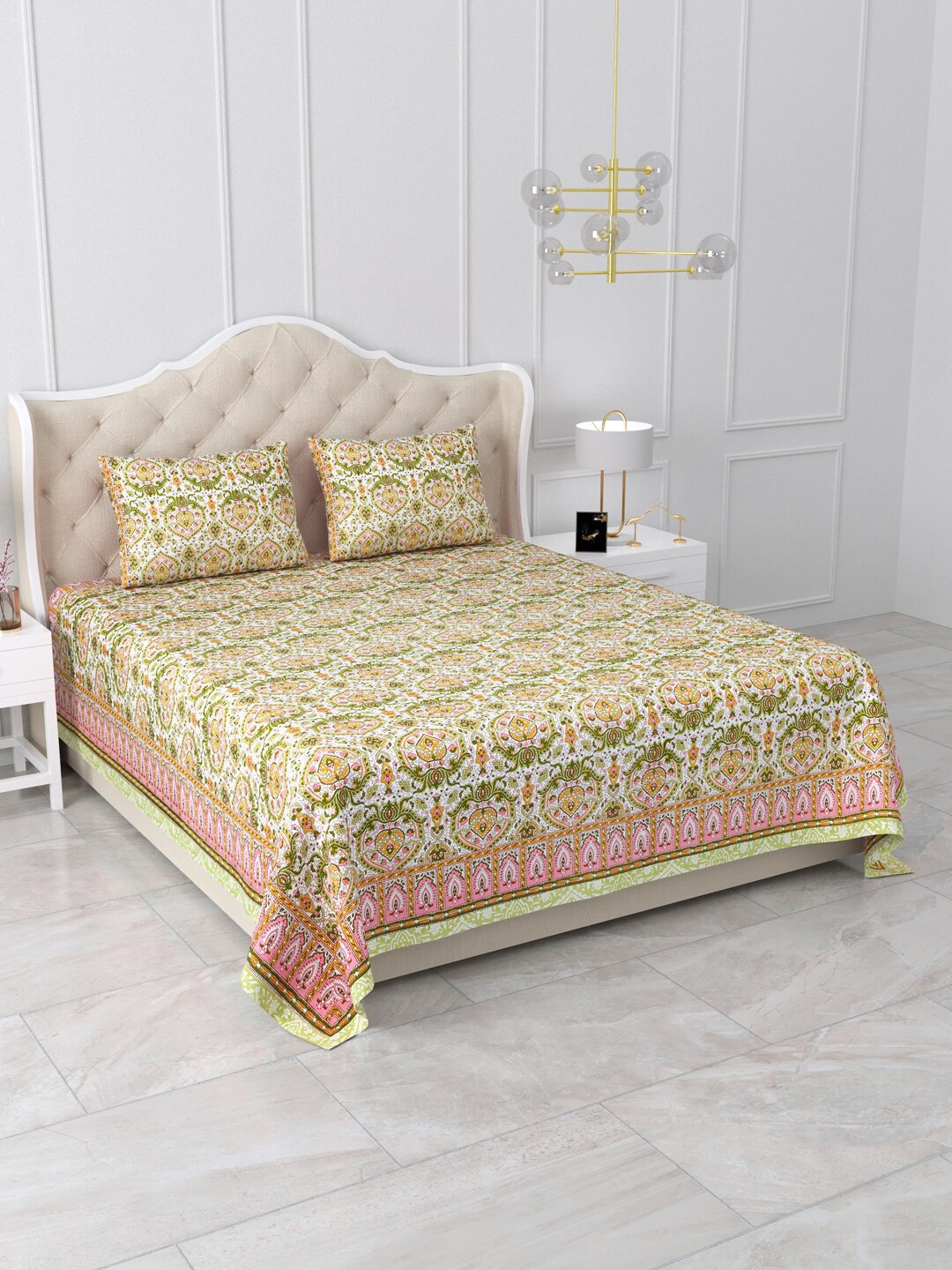 

Aapno Rajasthan Green & White Floral 120 TC King Bedsheet with 2 Pillow Covers