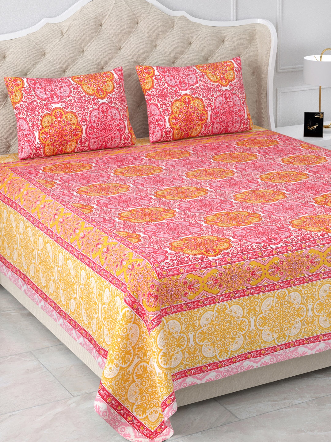 

Aapno Rajasthan Jaipuri Yellow & Pink Floral 120 TC Cotton King Bedsheet & 2 Pillow Covers