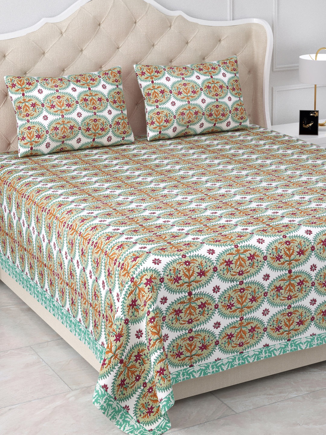 

Aapno Rajasthan White & Mustard Printed 120 TC Cotton King Bedsheet & 2 Pillow Covers