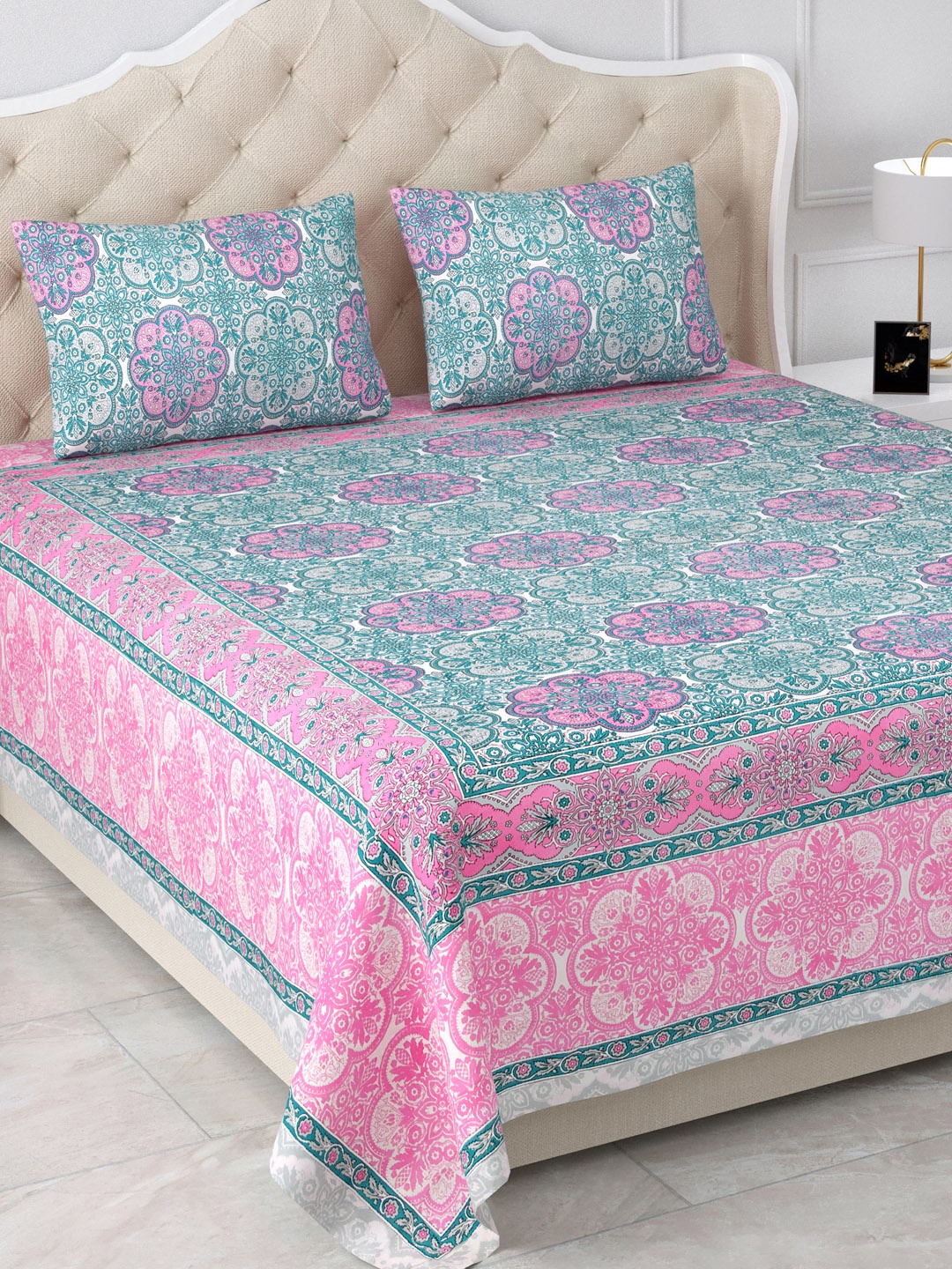 

Aapno Rajasthan Jaipuri Pink & Blue Floral 120 TC Cotton King Bedsheet & 2 Pillow Covers