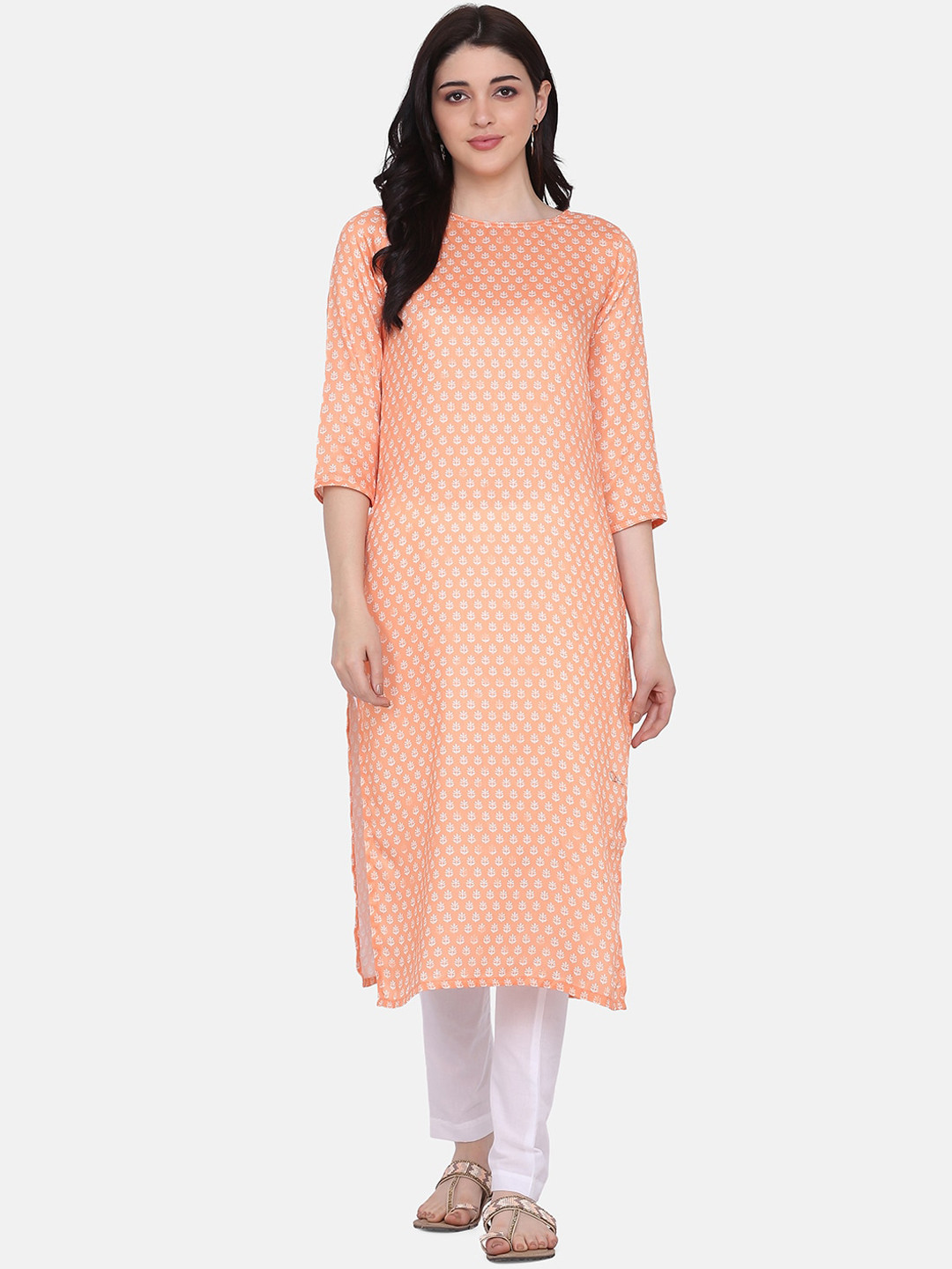 

Saanjh Orange Ethnic Motifs Printed Pure Cotton Kurta With Trousers