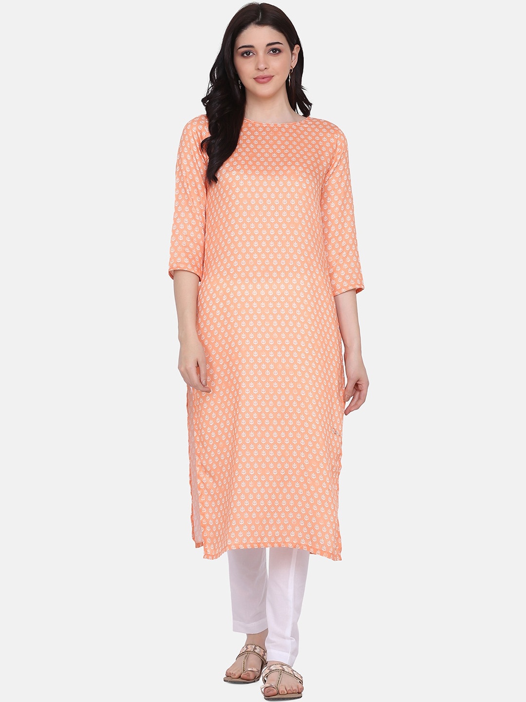 

KALINI Ethnic Motifs Printed Regular Pure Cotton Kurta with Trousers, Orange