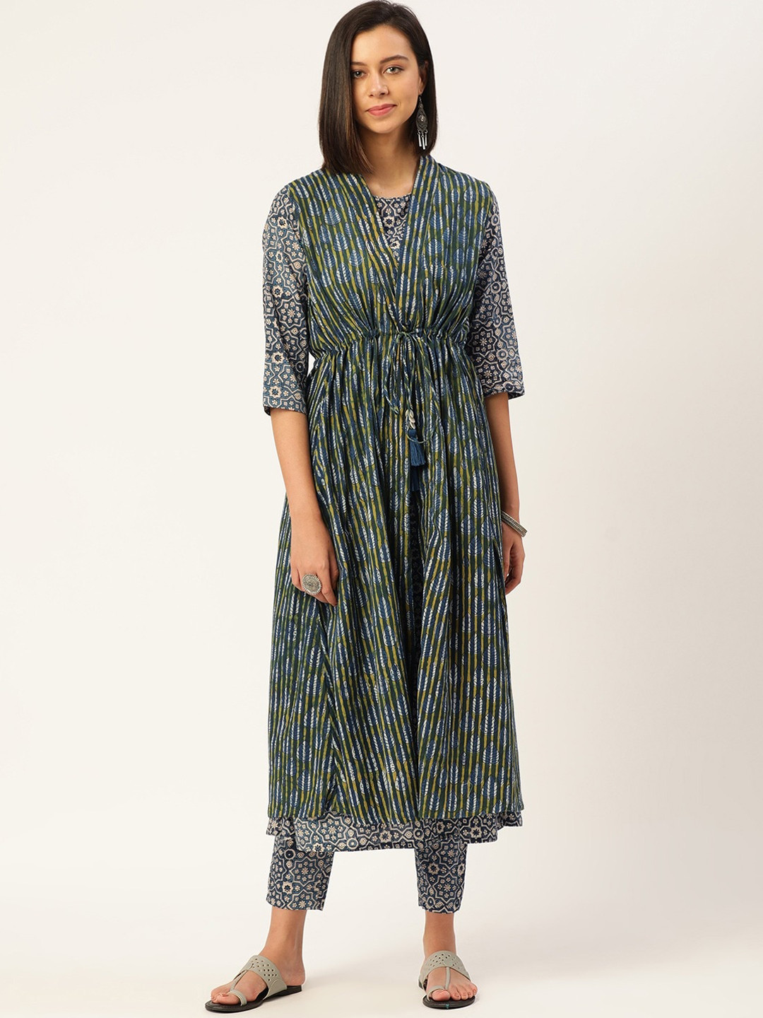 

KALINI Ethnic Motifs Printed Pure Cotton Kurta with Trousers, Blue