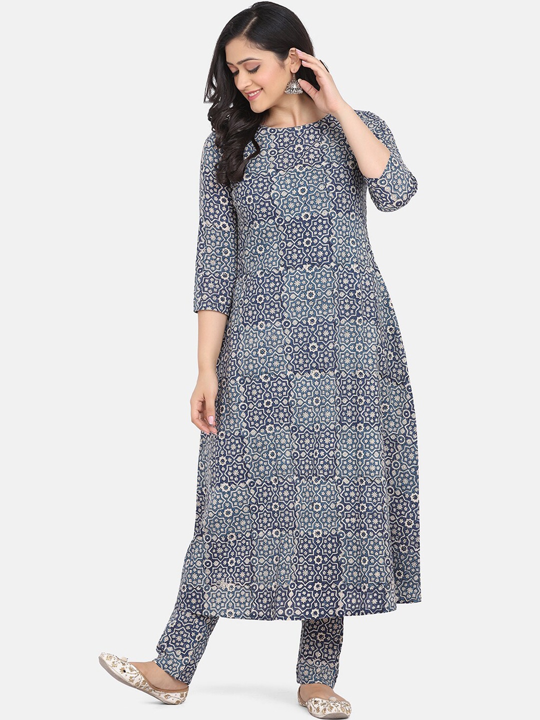 

KALINI Ethnic Motifs Printed Layered Pure Cotton Kurta with Trousers, Blue