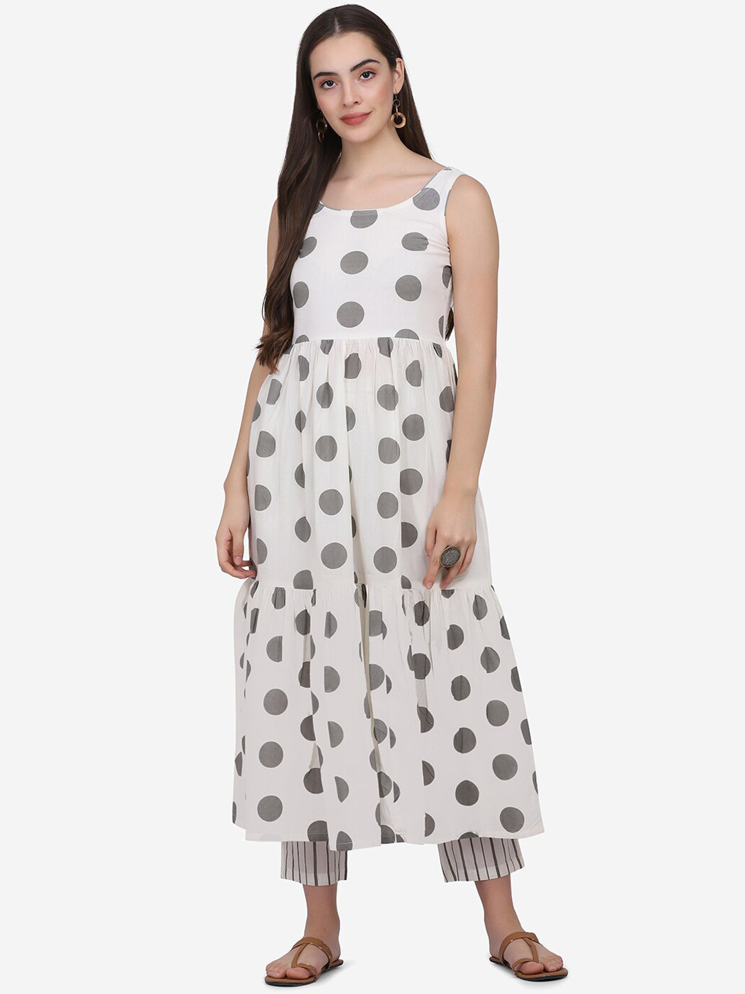 

KALINI Polka Dots Printed Regular Pure Cotton Kurta with Trousers, White