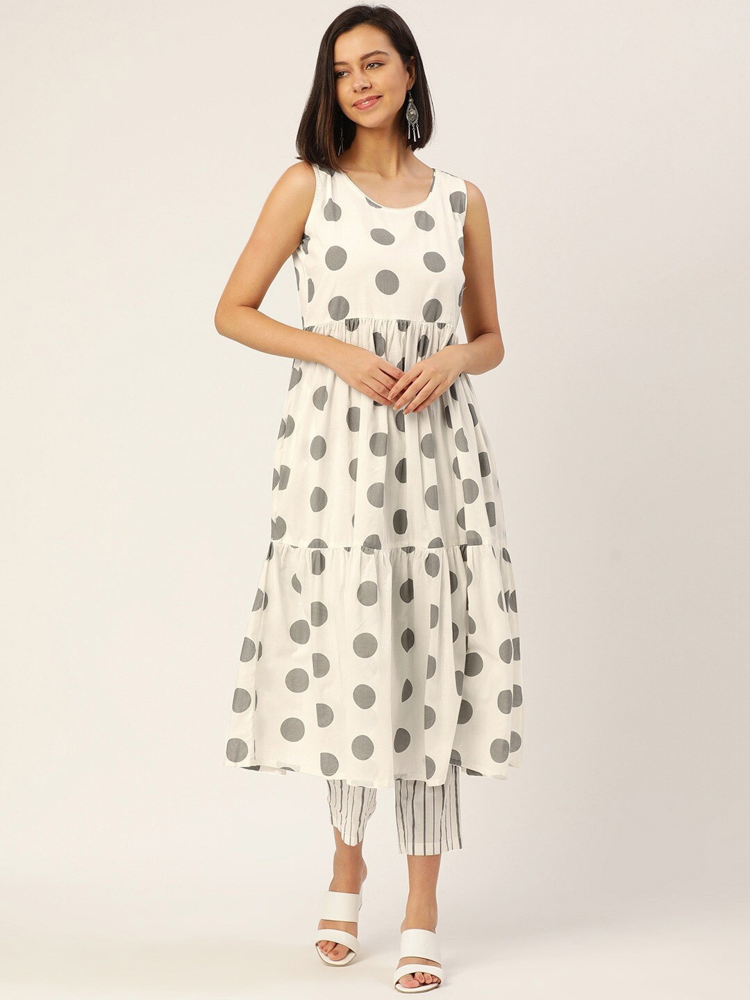 

KALINI Polka Dots Printed Tiered Pure Cotton Kurta with Trousers, White