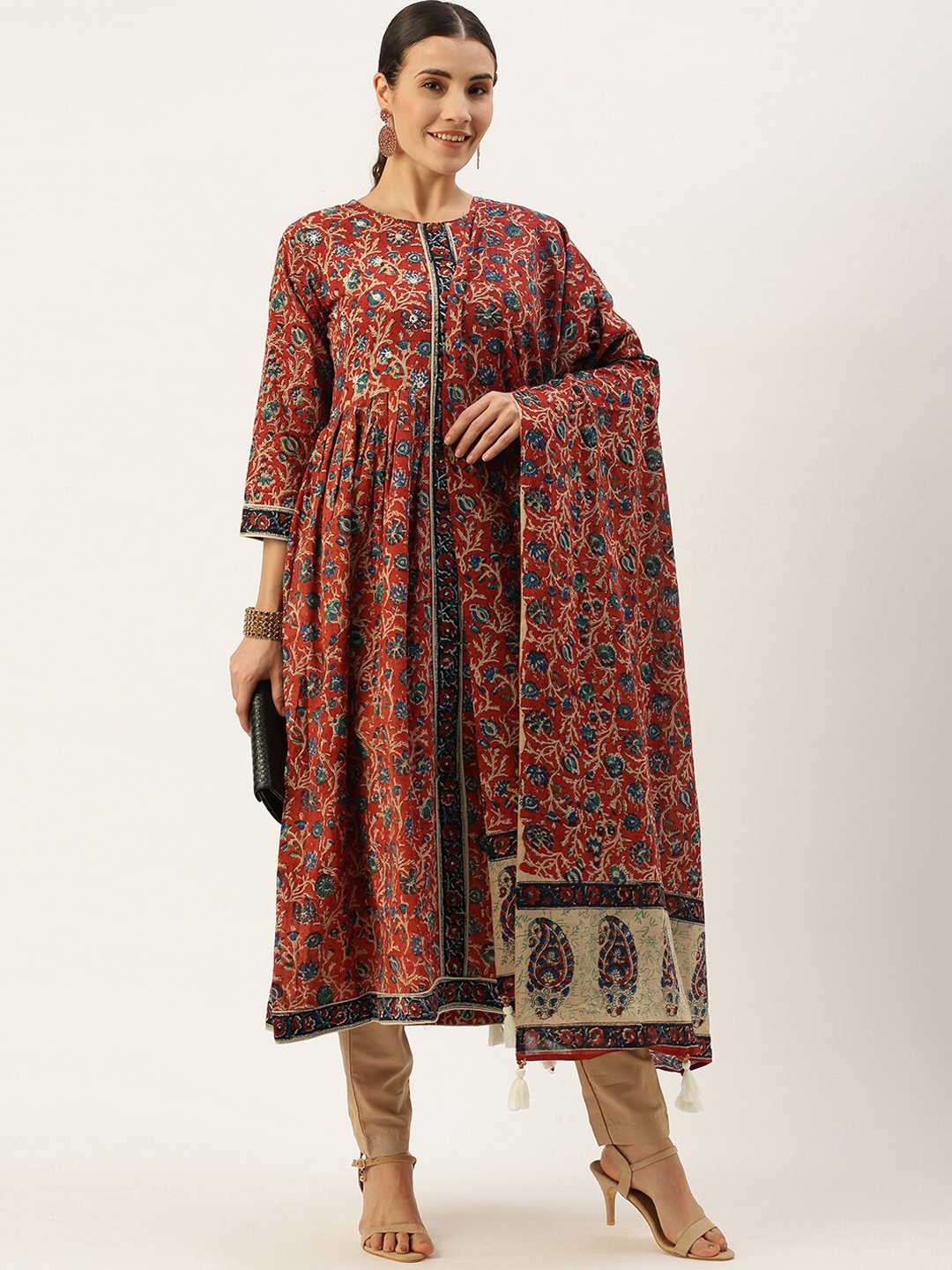 

KALINI Ethnic Motifs Printed Mirror Work Pure Cotton Kurta with Churidar & With Dupatta, Red