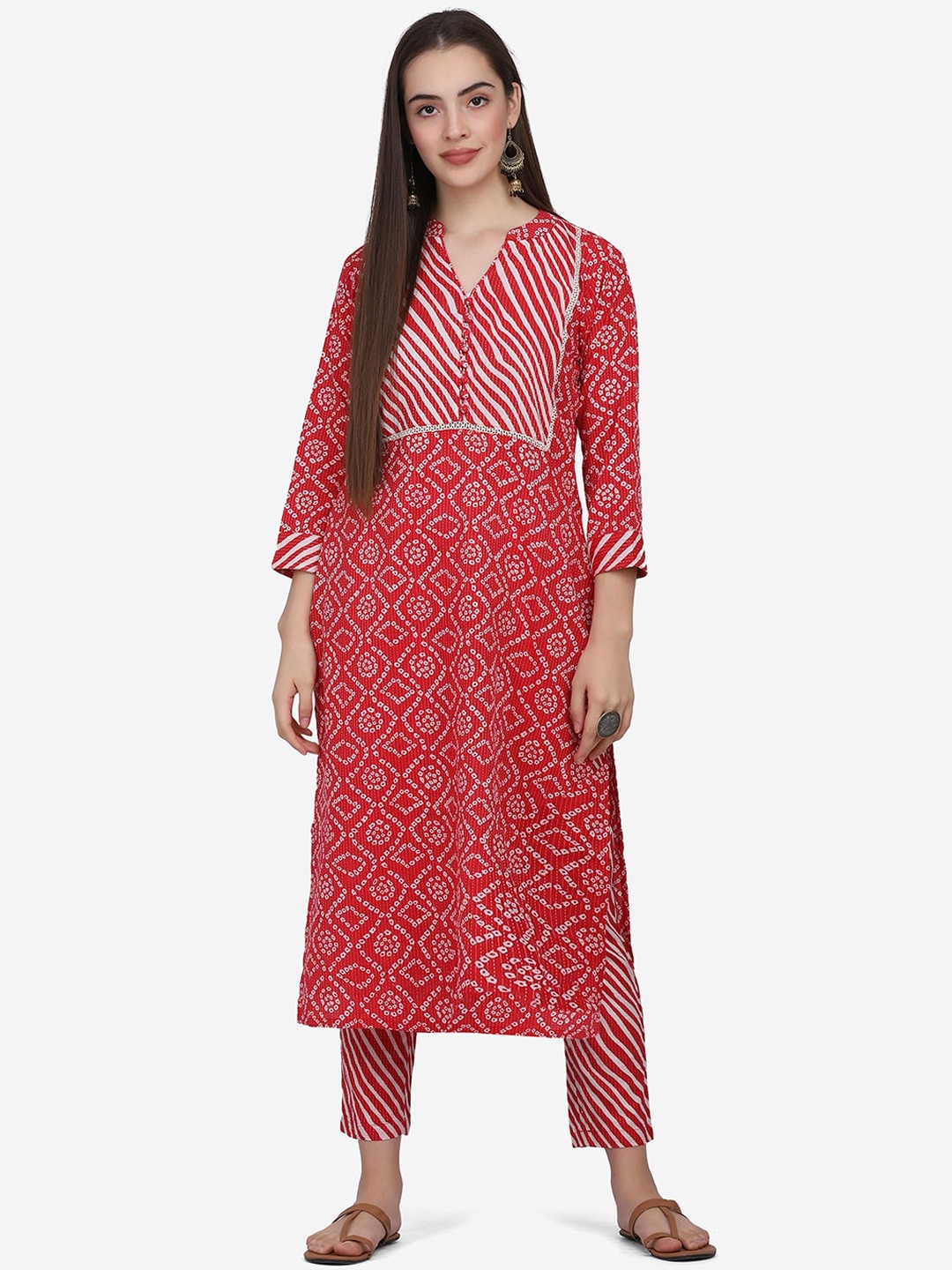 

Saanjh Red Bandhani Printed Band Collar Gotta Patti Pure Cotton Kurta with Trousers