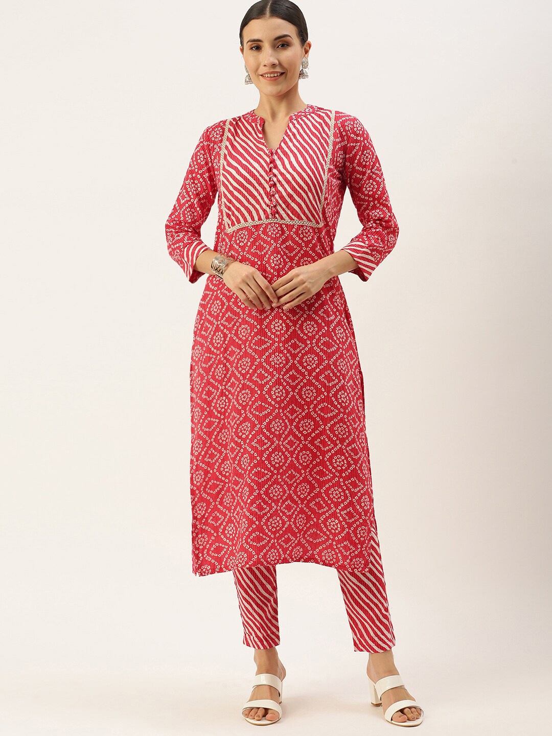 

Saanjh Red Bandhani Printed Band Collar Gotta Patti Pure Cotton Kurta with Trousers