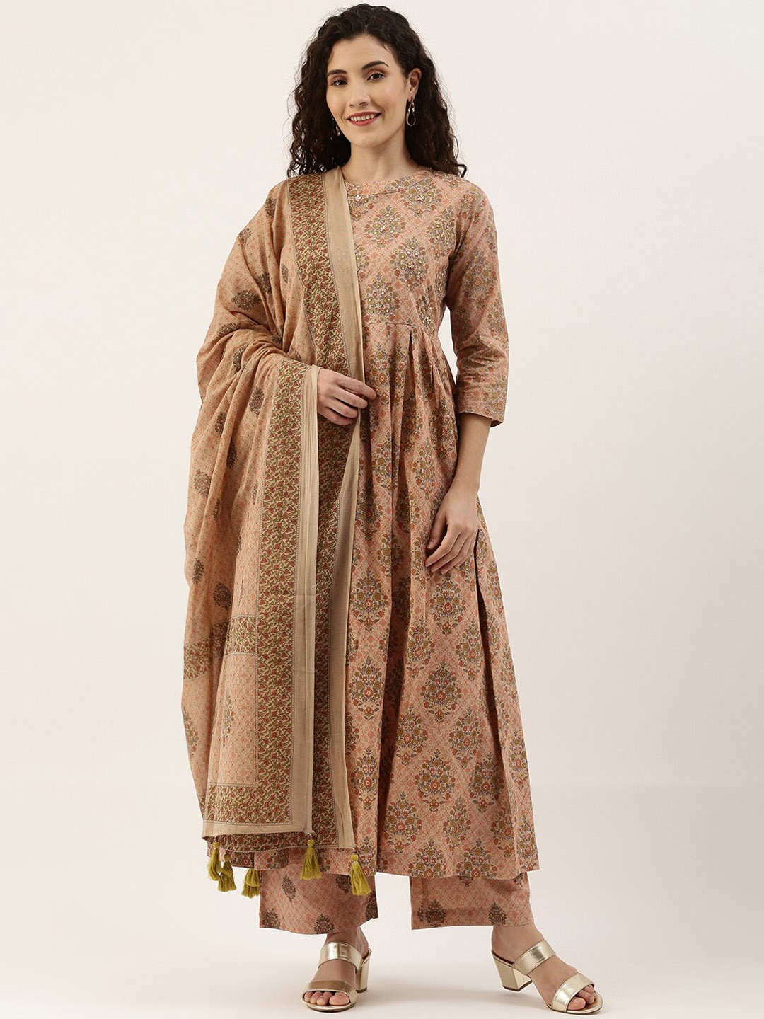 

Saanjh Beige Ethnic Motifs Printed Pure Cotton Kurta with Palazzos & Dupatta