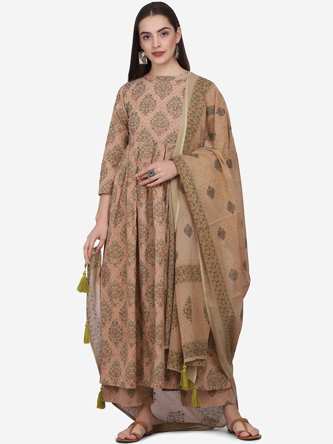 

Saanjh Beige Ethnic Motifs Printed Pure Cotton Kurta with Palazzos & Dupatta
