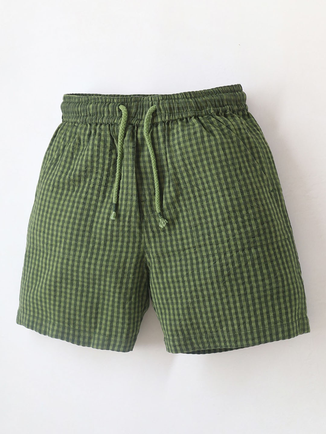 

Cherry Crumble Boys Checked Cotton Shorts, Olive