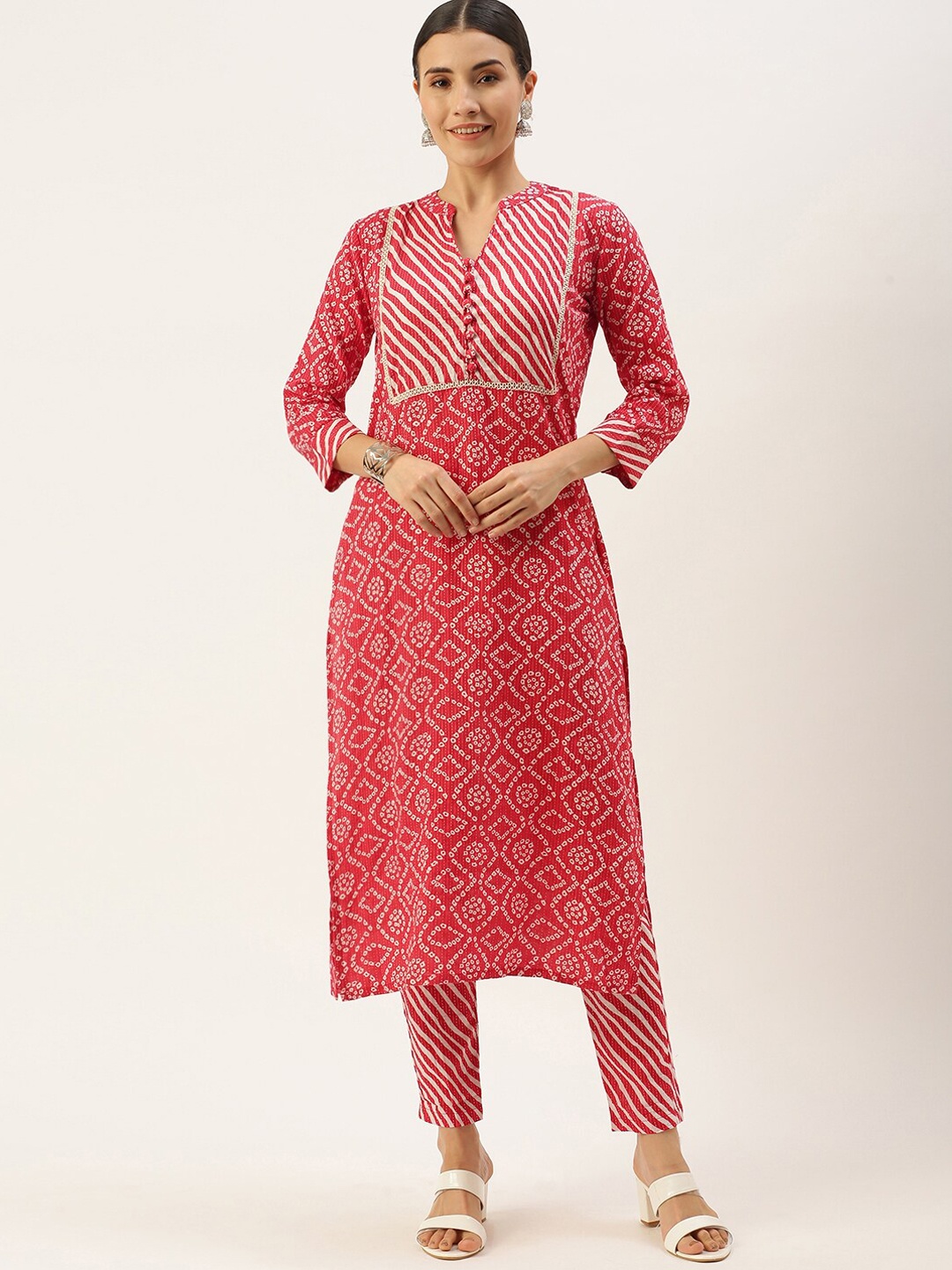 

KALINI Women Red Bandhani Printed Regular Gotta Patti Pure Cotton Kurta with Trousers