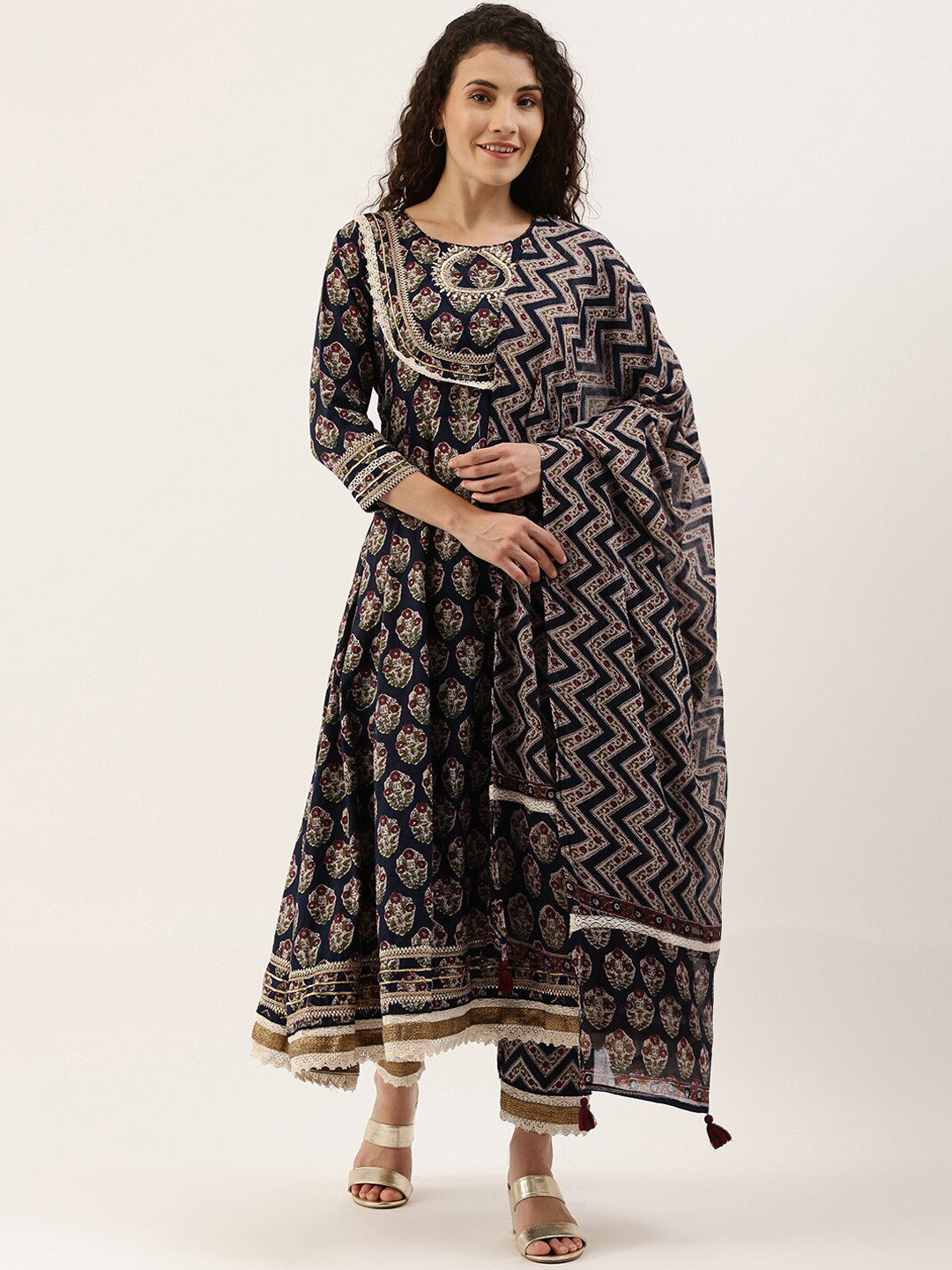 

KALINI Floral Printed Sequinned Pure Cotton Kurta With Trousers & Dupatta, Navy blue